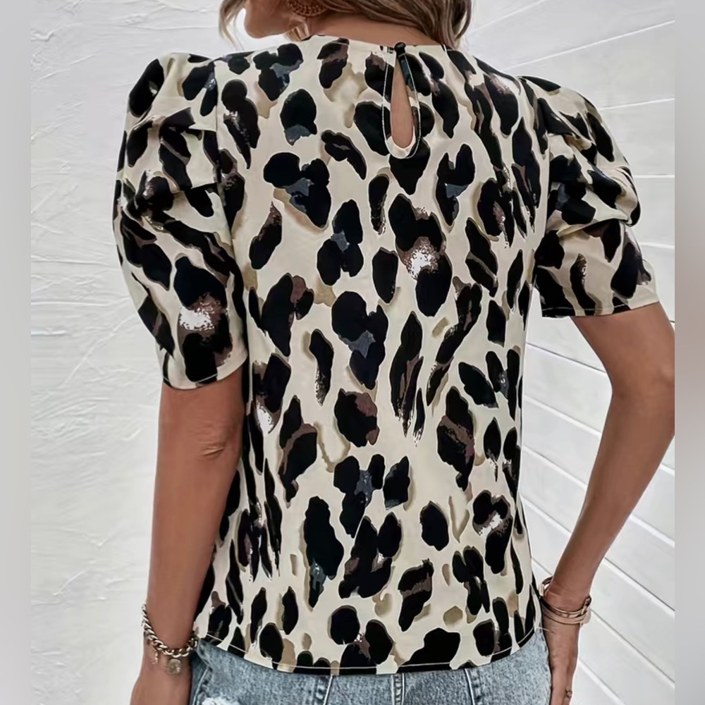 All Over Print Crew Neck Blouse, Casual Puff Sleeve Blouse - Picture 4 of 5